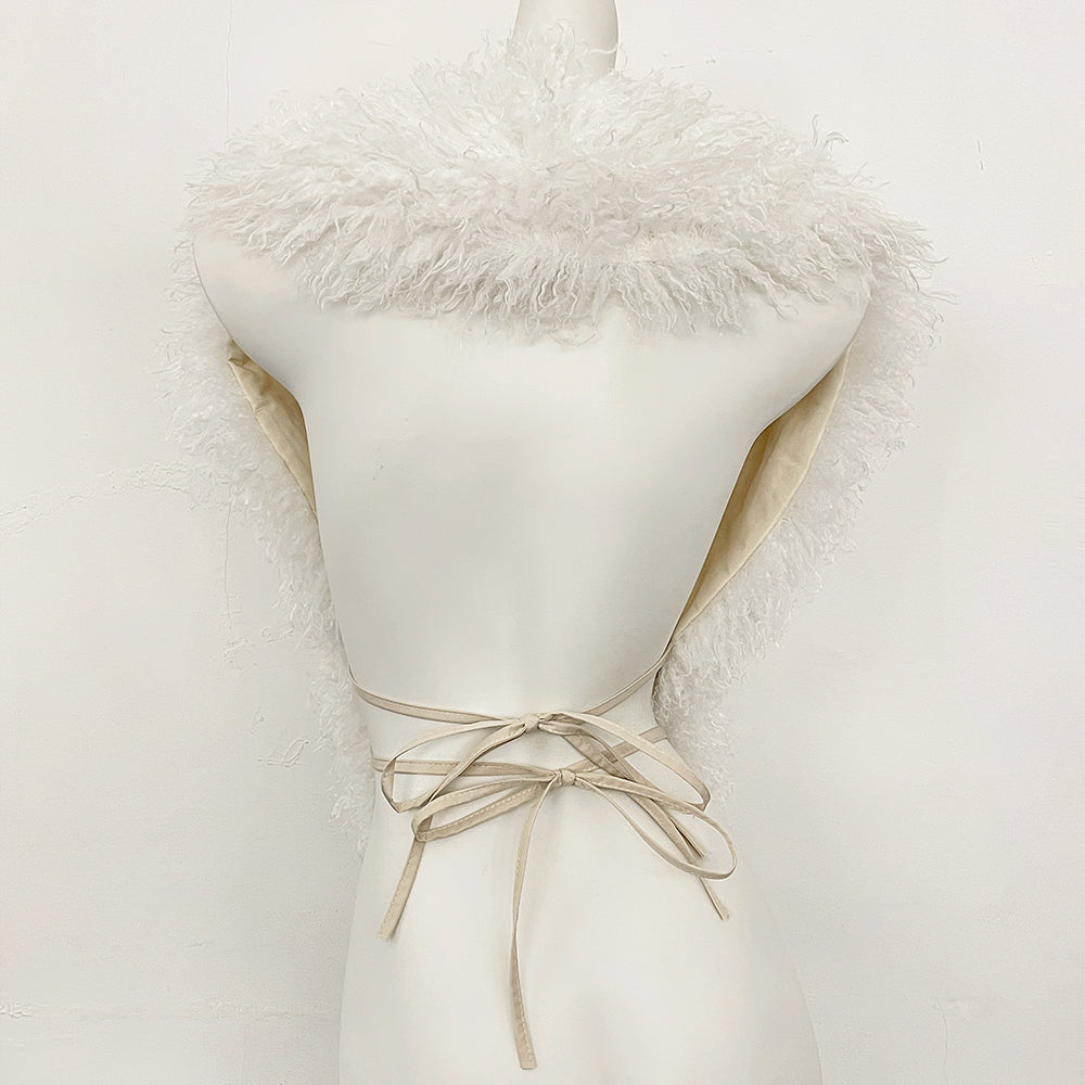 OFTBUY Women's Faux Mongolian Fur Vest Open Front Fluffy Faux Fur Waistcoat with Back Tie New Autumn Winter Outerwear Female
