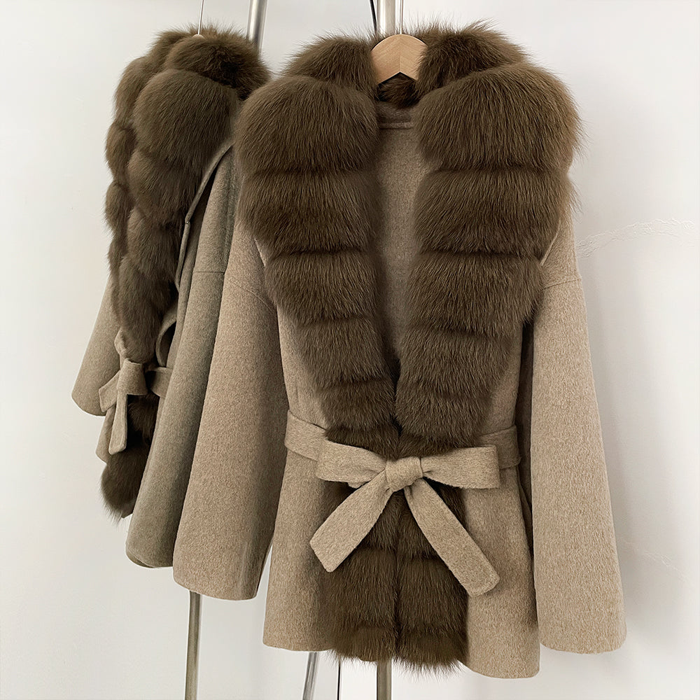 OFTBUY New Autumn Winter Clothes Women Big Natural Fox Fur Pinnacle 100% Wool Coat Female Belt Real Fur Collar Woolen Jacket