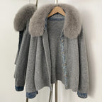 OFTBUY Denim Trim Warm Autumn Winter Fashion Outerwear Sweater Female New Women's Knit Cardigan with Large Real Fox Fur Collar