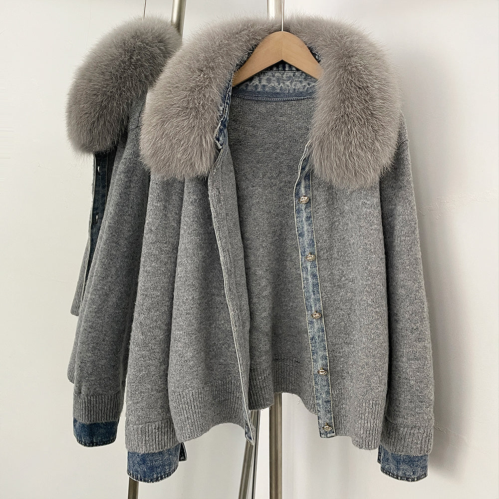 OFTBUY Denim Trim Warm Autumn Winter Fashion Outerwear Sweater Female New Women's Knit Cardigan with Large Real Fox Fur Collar