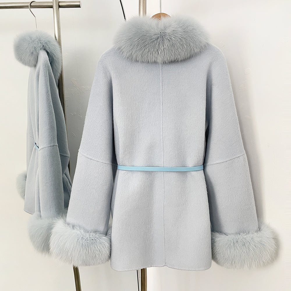 OFTBUY New Autumn Winter Belt Woolen Clothes Women Real Fox Fur Cuffs and Collar 100% Wool Coat Female Natural Fur Pocket Jacket