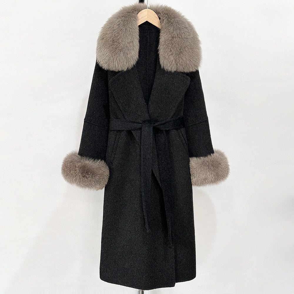 OFTBUY Fashion Warm Wool Coat with Real Fox Fur Collar New Autumn Winter Long Clothing Women Belt Elegant Woolen Jcacket Female