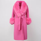 OFTBUY Winter Jacket Women Long Natural Wool Blends Cashmere Real Fur Coat Double Breasted Belt Warm Streetwear New Fashion