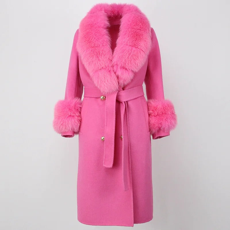 OFTBUY Winter Jacket Women Long Natural Wool Blends Cashmere Real Fur Coat Double Breasted Belt Warm Streetwear New Fashion