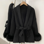OFTBUY Belted Warm Winter Elegant Fashion Outerwear Wool Jacket Lady New Women's Double-Faced Wool Coat with Real Fox Fur Cuffs