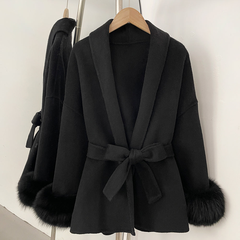 OFTBUY Belted Warm Winter Elegant Fashion Outerwear Wool Jacket Lady New Women's Double-Faced Wool Coat with Real Fox Fur Cuffs