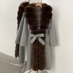 OFTBUY New Autumn Winter Clothes Women Belt Natural Fur Collar Woolen Jacket Long Big Fox Fur Pinnacle 100% Wool Coat Female