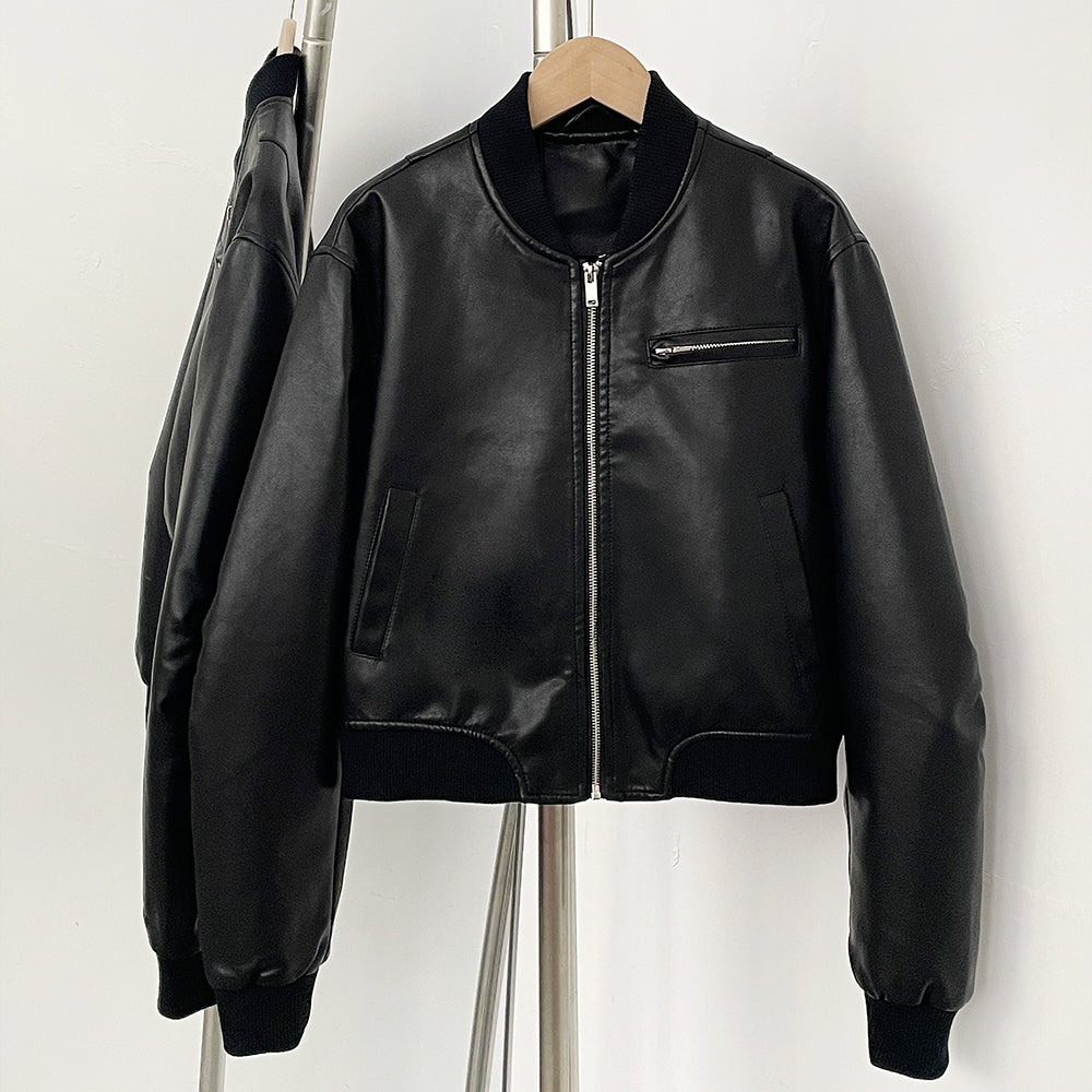 OFTBUY New Spring Autumn Faux Leather Jacket Female Fashion Knitted Collar Fake Leather Coat Women High Quality Black Clothes