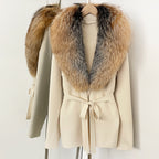 OFTBUY New Autumn Winter Luxury Fashion Outerwear Lady Women's Knit Coat with Large Real Fox Fur Collar Belt Textured Knit Warm
