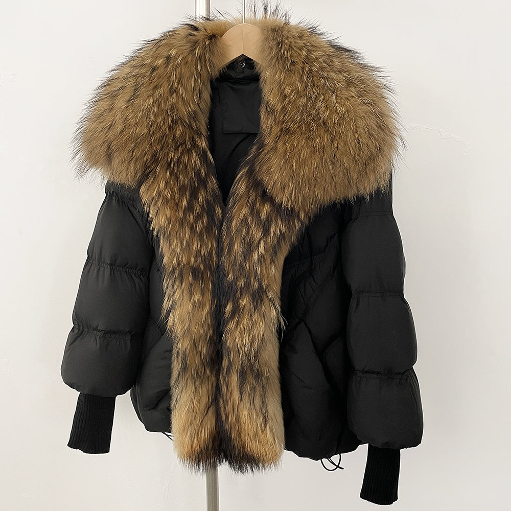 OFTBUY New Winter Large Real Raccoon Fur Puffer Coat Women Knit Sleeve White Duck Down Jacket Female Oversize Feather Down Parka