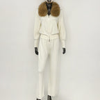 OFTBUY Winter New Women's Knitted Tracksuit Set with Fox Fur Collar Zipper Jacket Wide Leg Pants Luxury Casual Two-Piece Outfit