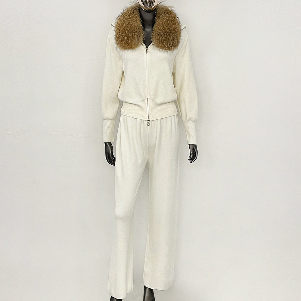 OFTBUY Winter New Women's Knitted Tracksuit Set with Fox Fur Collar Zipper Jacket Wide Leg Pants Luxury Casual Two-Piece Outfit