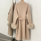 OFTBUY New Autumn Winter Belt Top Clothes Women Long Elegant Double-sided Woolen Coat Femlae Real Fox Fur Cuffs 100% Wool Coat