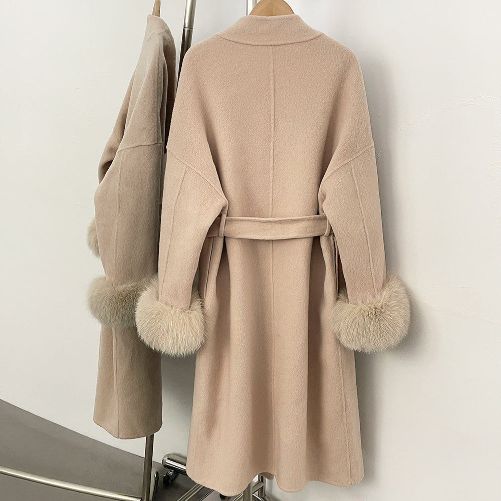 OFTBUY New Autumn Winter Belt Top Clothes Women Long Elegant Double-sided Woolen Coat Femlae Real Fox Fur Cuffs 100% Wool Coat
