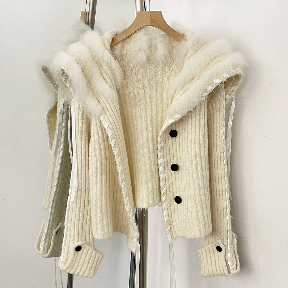 OFTBUY New Spring Autumn Top Cardigan Clothing Female Short Slim Real Fox Fur Knitted Sweater Women Real Fur Knittig Jacket Lady