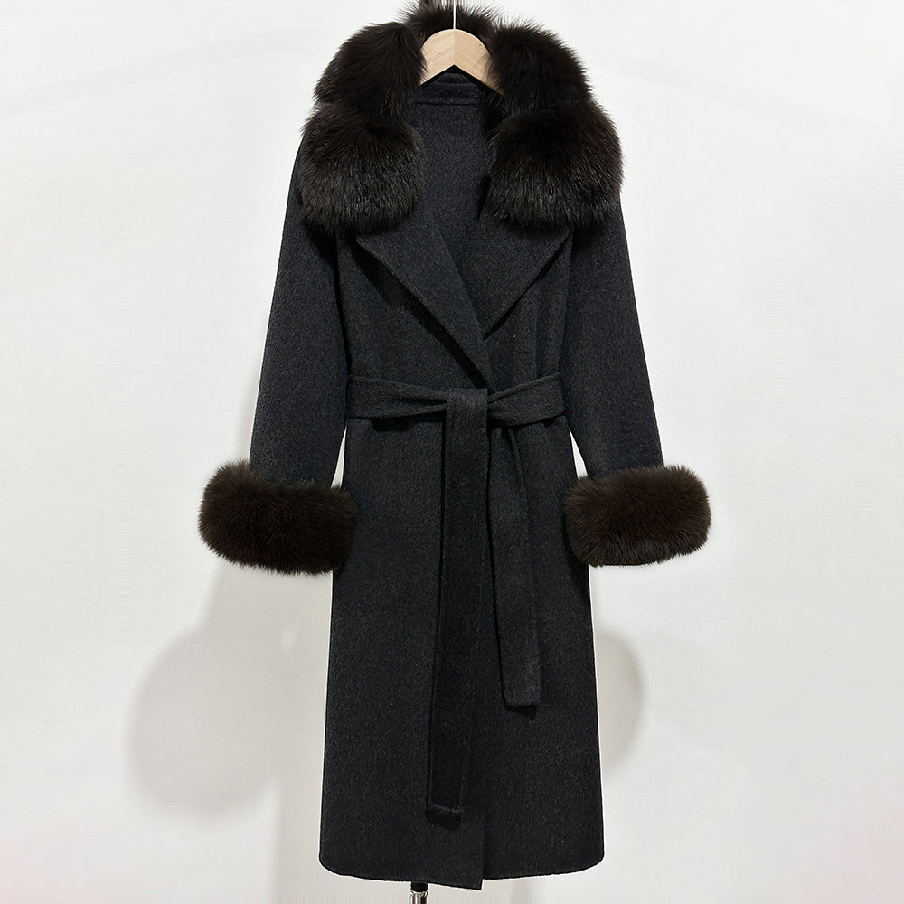 OFTBUY Belted Warm Winter Elegant Fashion Outerwear New Women's Double-Faced Wool Coat with Real Fox Fur Collar and Cuffs