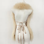 OFTBUY Solid Deep V-Neck Backless Bandage Sleeveless Jackets Fluffy Luxury Real Mongolian Fur Halter Vests Women Outerwear Coat