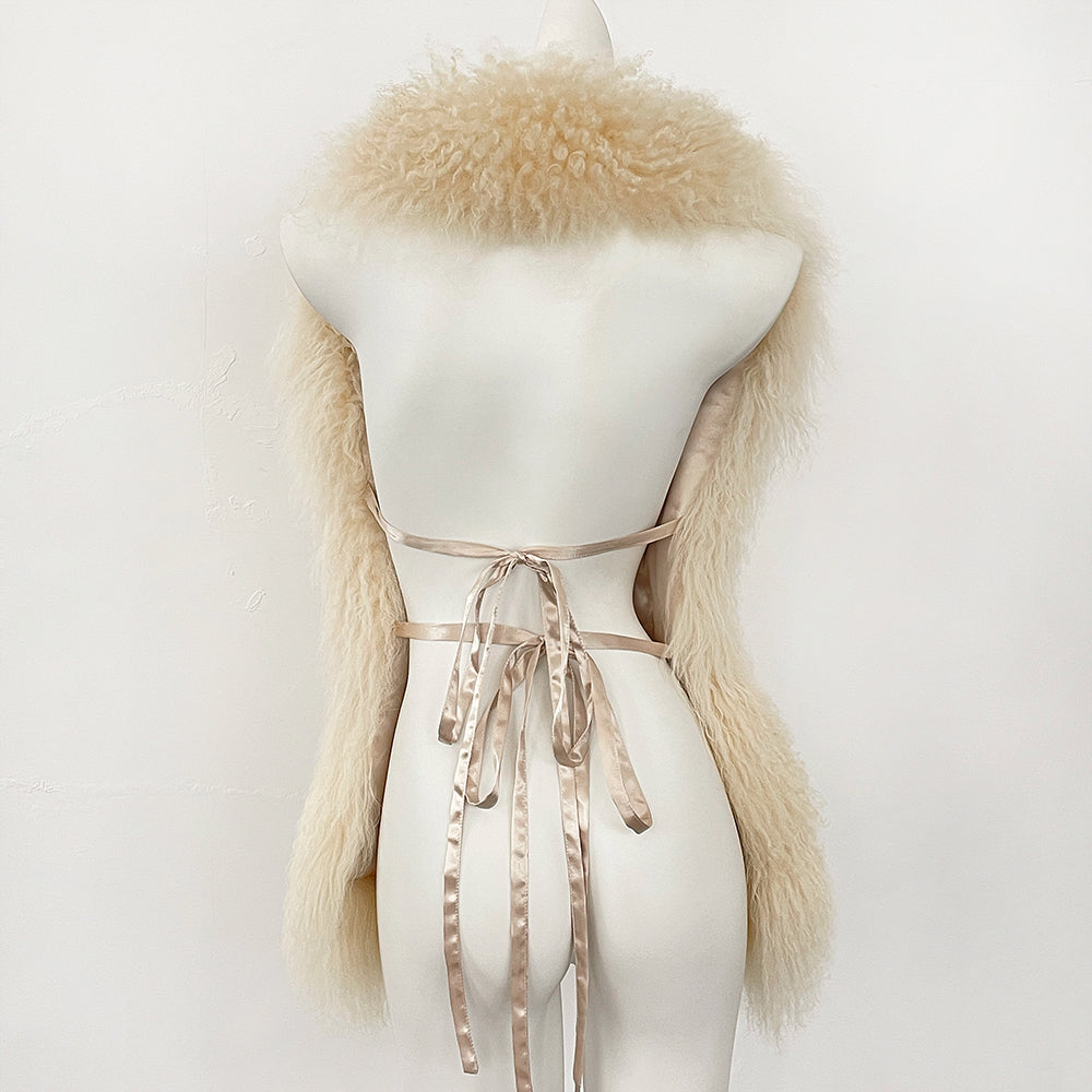 OFTBUY Solid Deep V-Neck Backless Bandage Sleeveless Jackets Fluffy Luxury Real Mongolian Fur Halter Vests Women Outerwear Coat