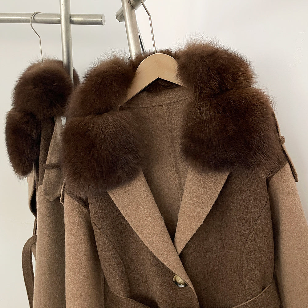 OFTBUT New Autumn Winter Clothing Women Long Single-breasted Belt Wool Coat Female Natural Fox Fur Cashmere Woolen Jacket