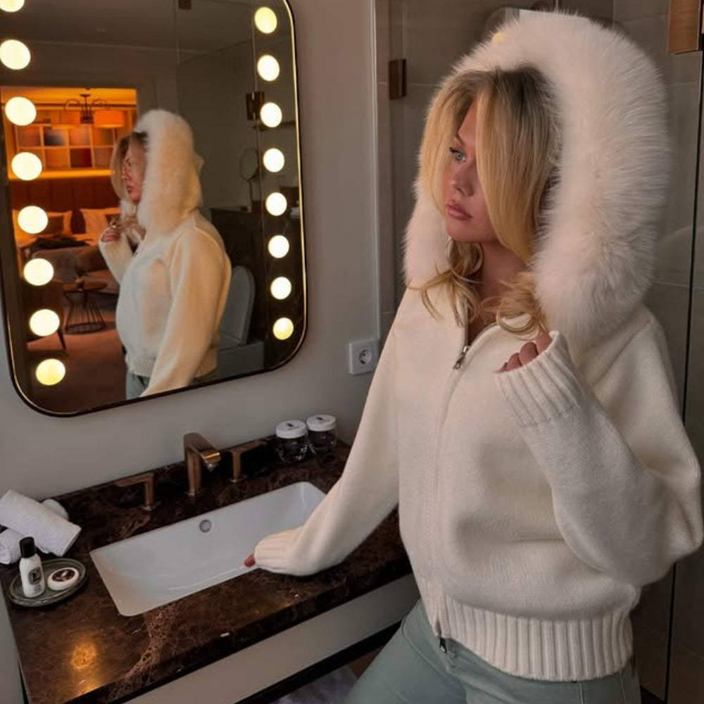OFTBUY Luxury Knitted Zip-Up Hoodie with Oversized Real Fox Fur Hood - Premium Apres-Ski Luxe Loungewear