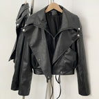 OFTBUY Women's Black Faux Leather Cropped Moto Jacket Asymmetric Zip PU Biker Coat Female New Autumn Vintage Punk Outerwear