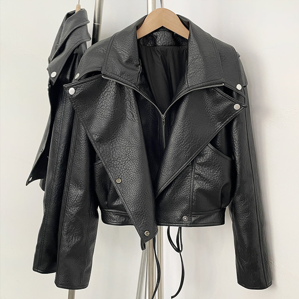 OFTBUY Women's Black Faux Leather Cropped Moto Jacket Asymmetric Zip PU Biker Coat Female New Autumn Vintage Punk Outerwear