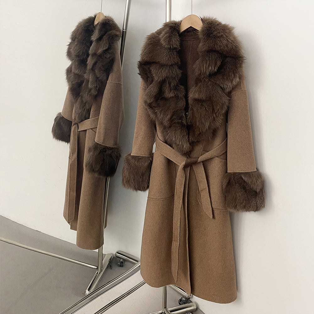 OFTBUY New Autumn Winter Long Top Clothes Irregularity Real Fox Fur Collar and Cuffs Wool Jacket Female Natural Fur Woolen Coat