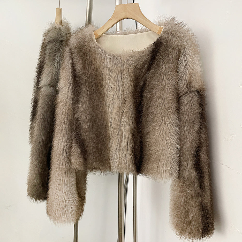 OFTBUY Luxury Collarless Faux Fur Jacket - Chic Short Fluffy Vegan Fur Coat for Women
