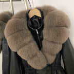OFTBUY Women's Luxury Real Fox/Raccoon Fur Faux Leather Jacket Elastic Waist New Winter Coat Elegant PU Leather Outerwear Female