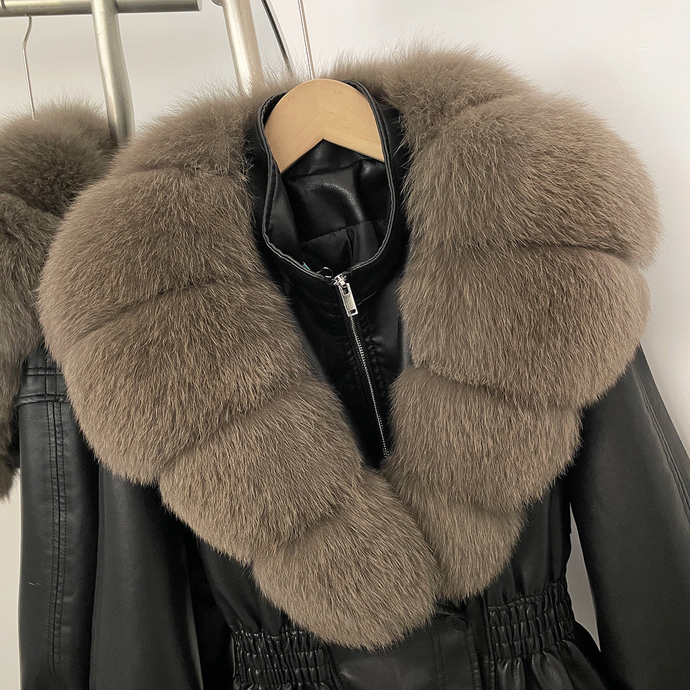 OFTBUY Women's Luxury Real Fox/Raccoon Fur Faux Leather Jacket Elastic Waist New Winter Coat Elegant PU Leather Outerwear Female