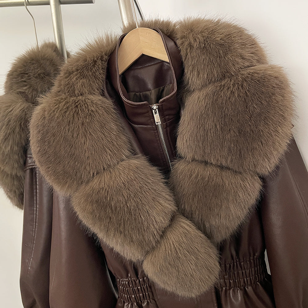 OFTBUY New Women's Faux Leather Jacket with Oversized Faux Fox Fur Elastic Waist Puff Sleeves Coat Luxury Warm Winter Outerwear