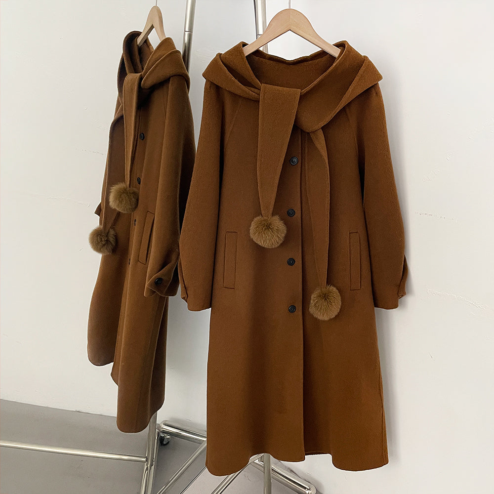 OFTBUY New Women's Hooded Wool Coat with Fur Pom Details Long Single Breasted Winter Warm Elegant Woolen Outerwear Female
