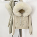 OFTBUY New Women's Beige Knit Hoodie with Large Real Fox Fur Trim Zipper Pockets Warm Winter Fashion Casual Outerwear Lady