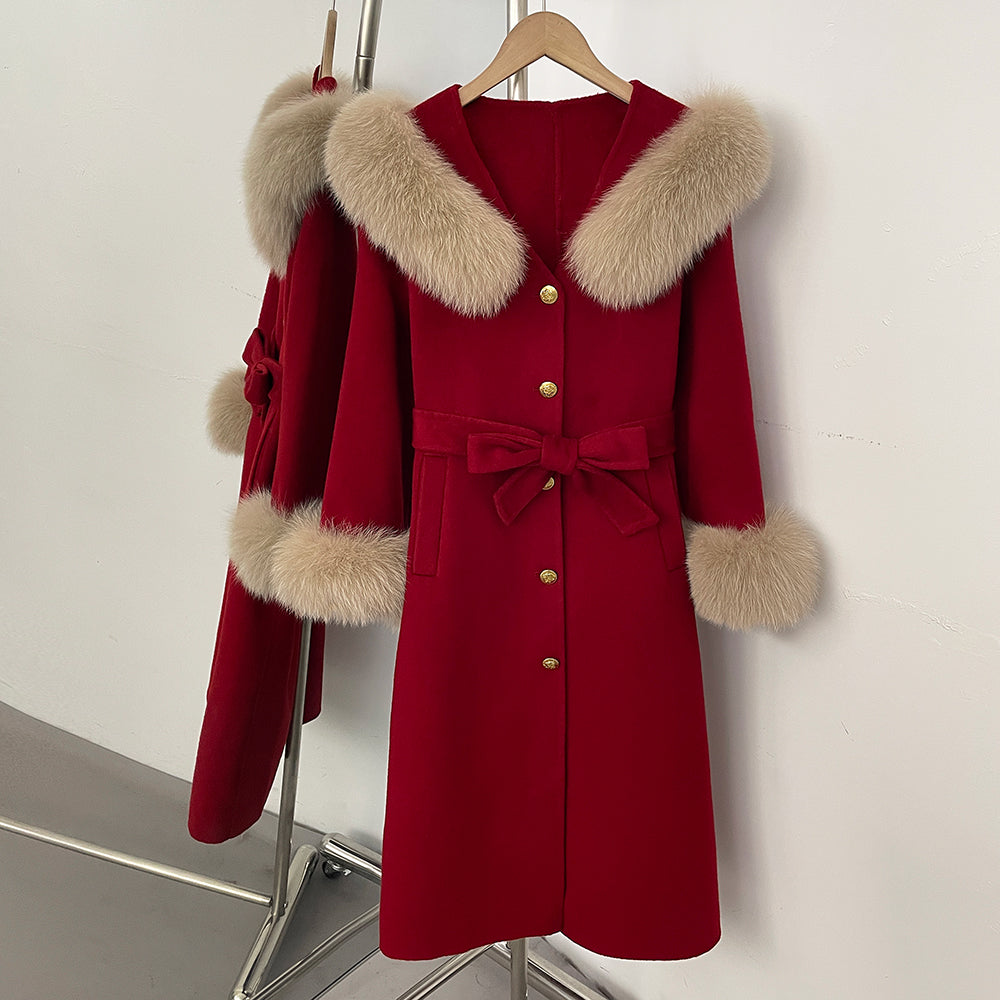 OFTBUY New Women's Wool Coat with Real Fox Fur Collar Cuffs Belted Waist Gold Button Elegant Winter Luxury Outerwear Female