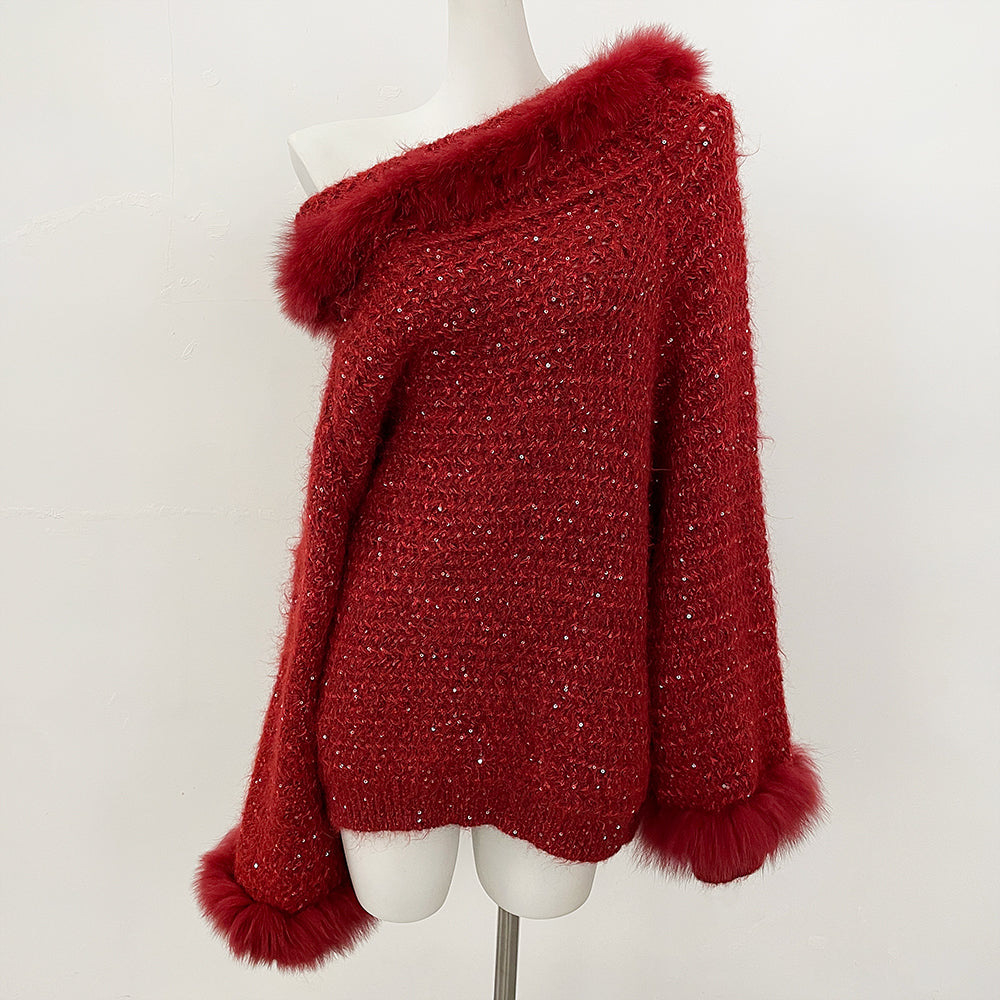 OFTBUY New Spring Autumn Light Top Clothes Female One-length Shoulder Pullovers Knitting Coat Women Real Fox Fur Knitted Sweater