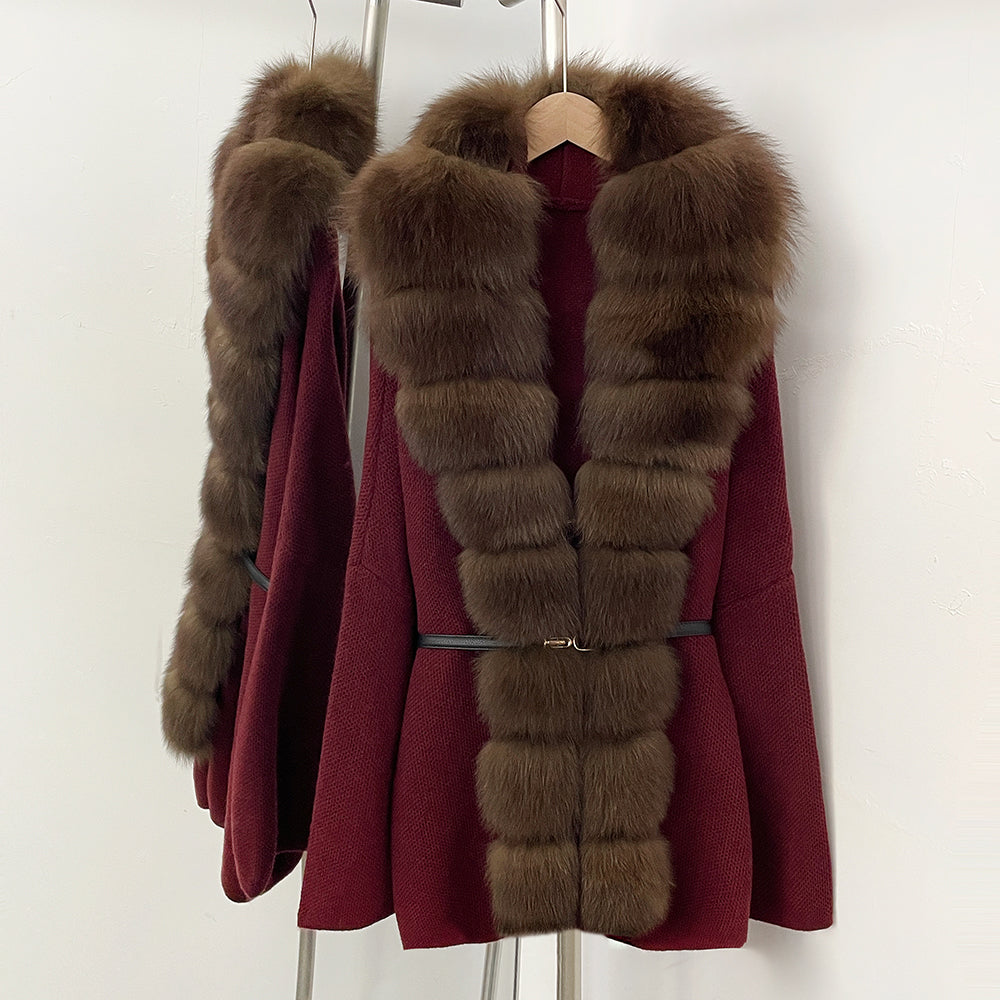 OFTBUY Metal Belt Knit Warm Winter Luxury Fashion Outerwear Sweater Cardigan New Women's Knit Coat with Full Real Fox Fur Front