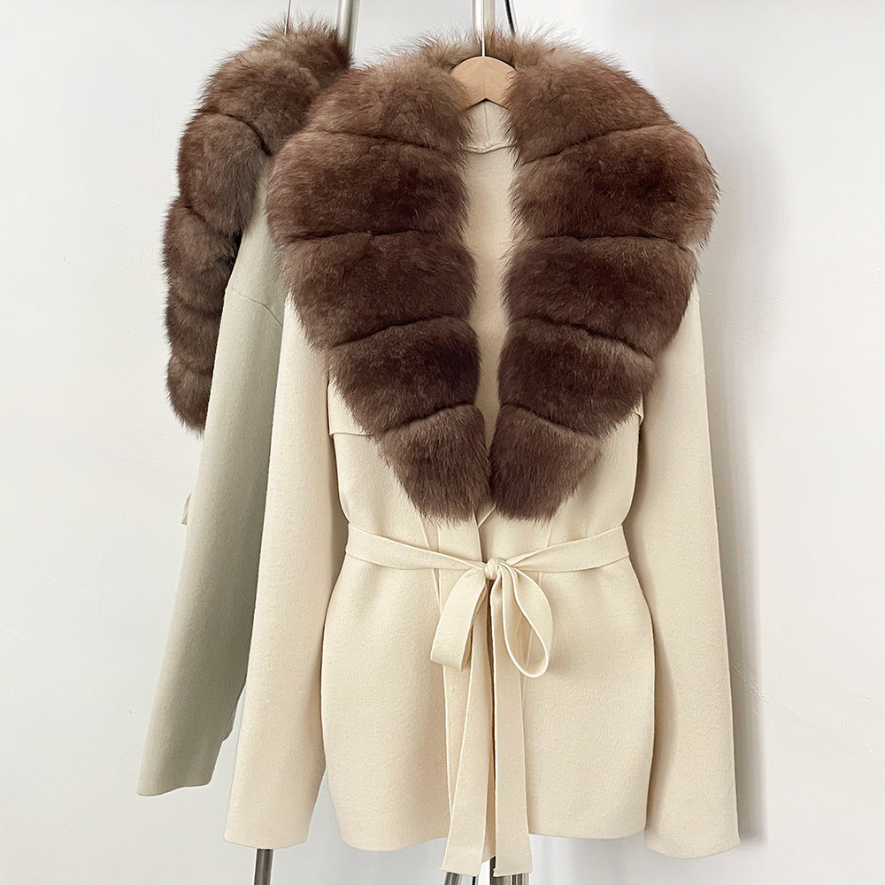 OFTBUY New Autumn Winter Luxury Fashion Outerwear Lady Women's Knit Coat with Large Real Fox Fur Collar Belt Textured Knit Warm