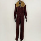 OFTBUY Winter New Women's Knitted Tracksuit Set with Fox Fur Collar Zipper Jacket Wide Leg Pants Luxury Casual Two-Piece Outfit