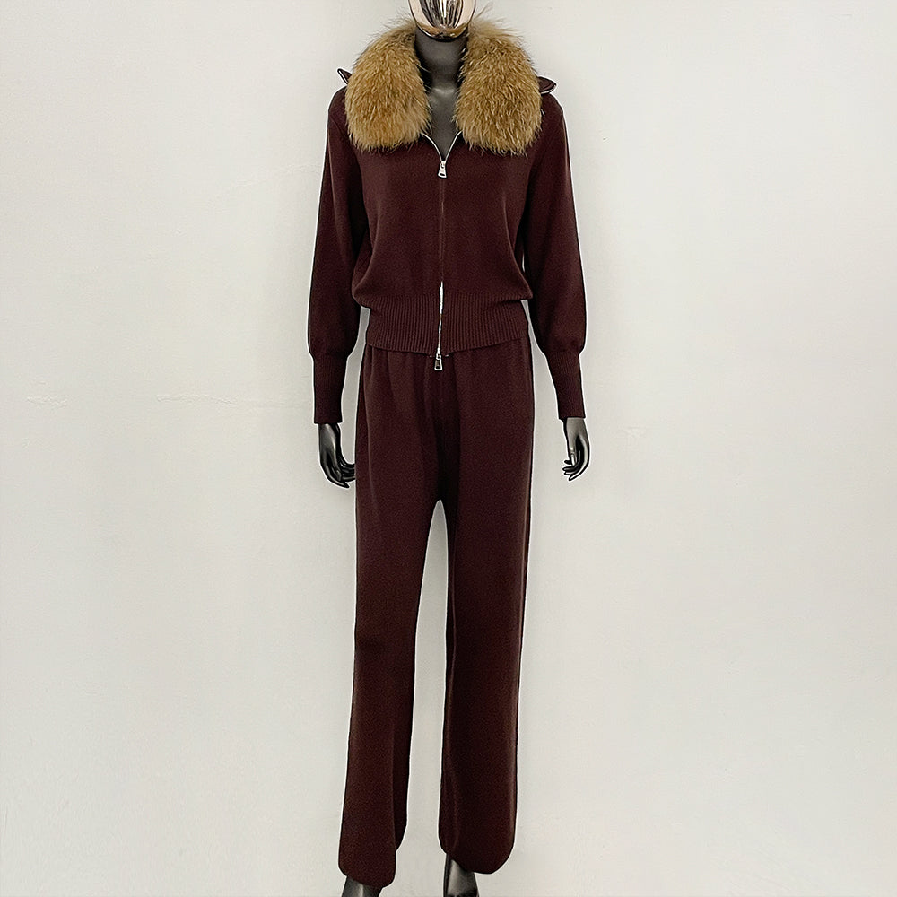 OFTBUY Winter New Women's Knitted Tracksuit Set with Fox Fur Collar Zipper Jacket Wide Leg Pants Luxury Casual Two-Piece Outfit