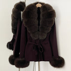 OFTBUY New Women's Knit Cardigan with Real Fox Fur Collar and Cuff Belt Luxury Coat Warm Autumn Fashion Outerwear Sweater Female