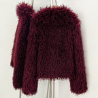 Back view of full curly burgundy faux sheep fur cropped coat