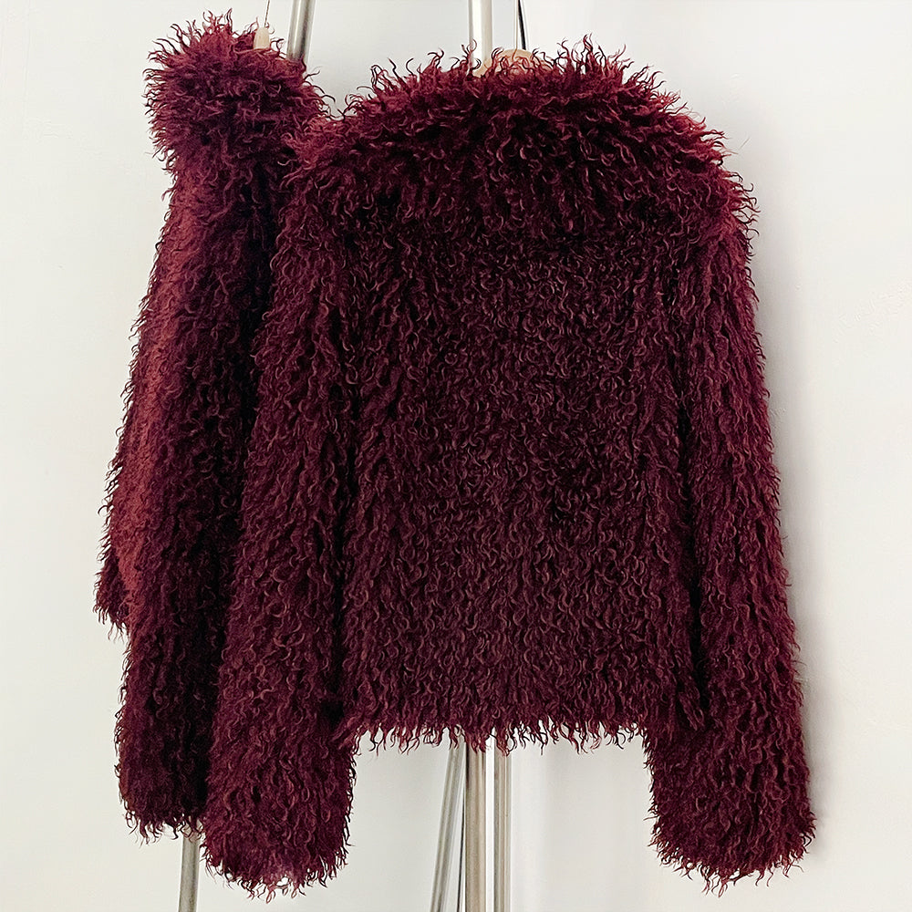 Back view of full curly burgundy faux sheep fur cropped coat