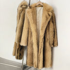 OFTBUY Luxury Long-Length Belted Faux Fur Coat - Premium Vegan Silver Fox Style Overcoat with Oversized Lapel