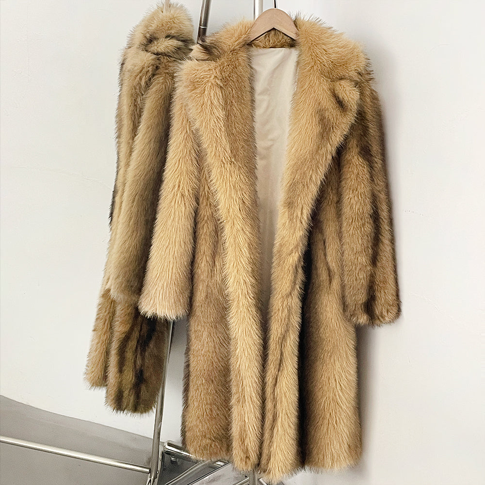 OFTBUY Luxury Long-Length Belted Faux Fur Coat - Premium Vegan Silver Fox Style Overcoat with Oversized Lapel