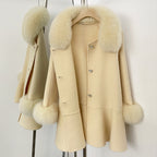 OFTBUY New Women's Wool Coat with Real Fox Fur Colla and Cuffs Luxury Pearl Button Ruffled Hem Winter Warm Outerwear Female
