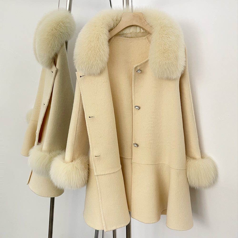 OFTBUY New Women's Wool Coat with Real Fox Fur Colla and Cuffs Luxury Pearl Button Ruffled Hem Winter Warm Outerwear Female