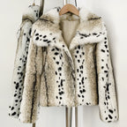 OFTBUY Luxury Leopard Print Real Rabbit Fur Cropped Jacket - Wide Notched Lapel Genuine Rabbit Fur Short Winter Coat