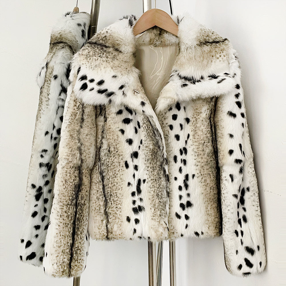 OFTBUY Luxury Leopard Print Real Rabbit Fur Cropped Jacket - Wide Notched Lapel Genuine Rabbit Fur Short Winter Coat