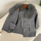 OFTBUY Autumn Winter Real Fox Raccoon Fur Collar Coat Knitted Sweater Women Short Sleeve Jacket Thick Warm Outerwear Streetwear