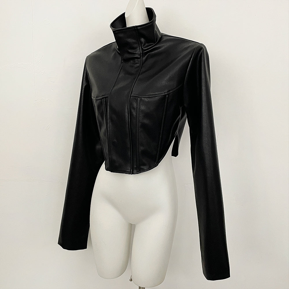 OFTBUY New Women's Faux Leather Cropped Jacket Stand Collar Asymmetric Hem Closure Streetwear Fashion Outerwear Clothing Female